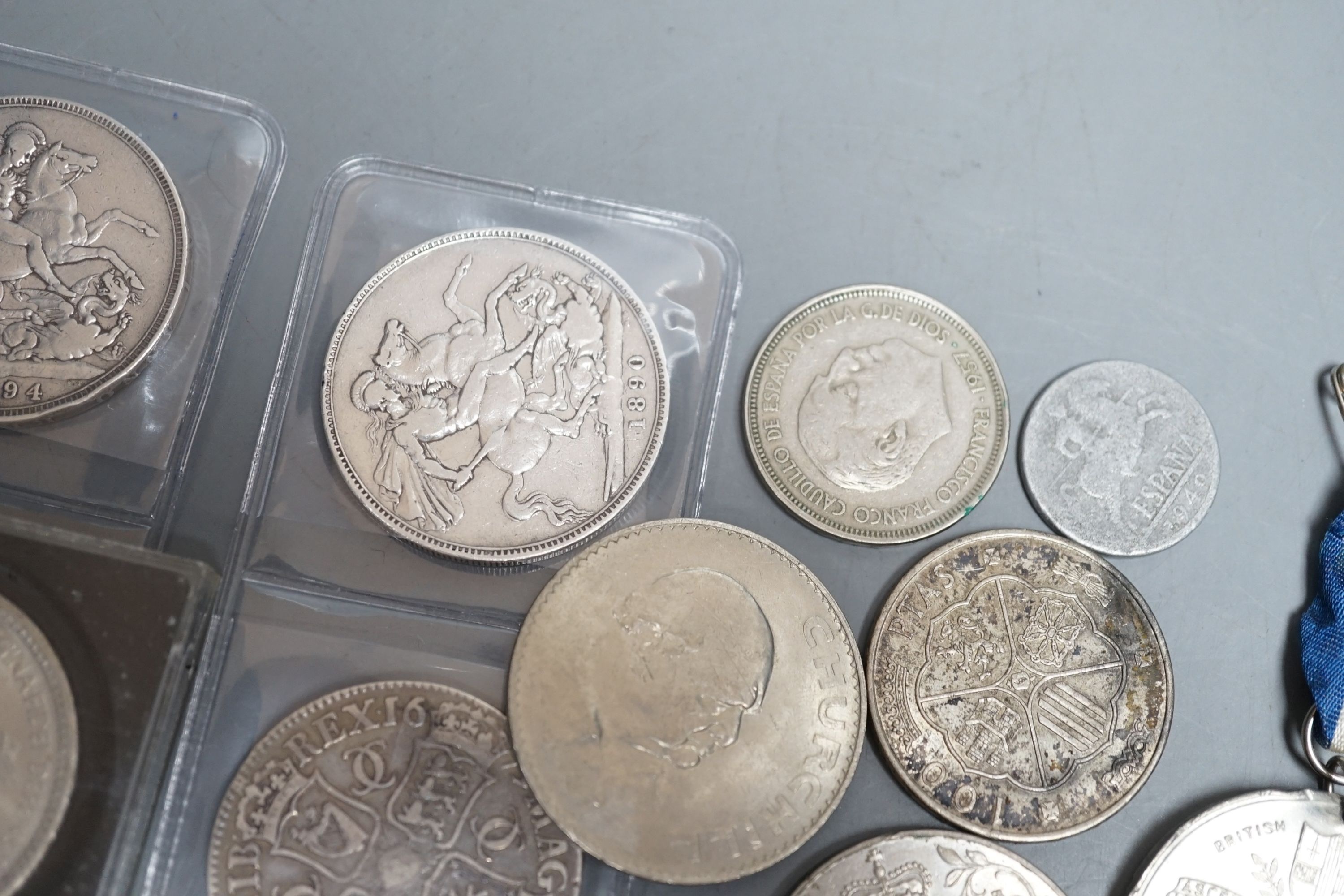Charles II crown 1679, three Victorian silver crowns, Morgan dollar, etc.